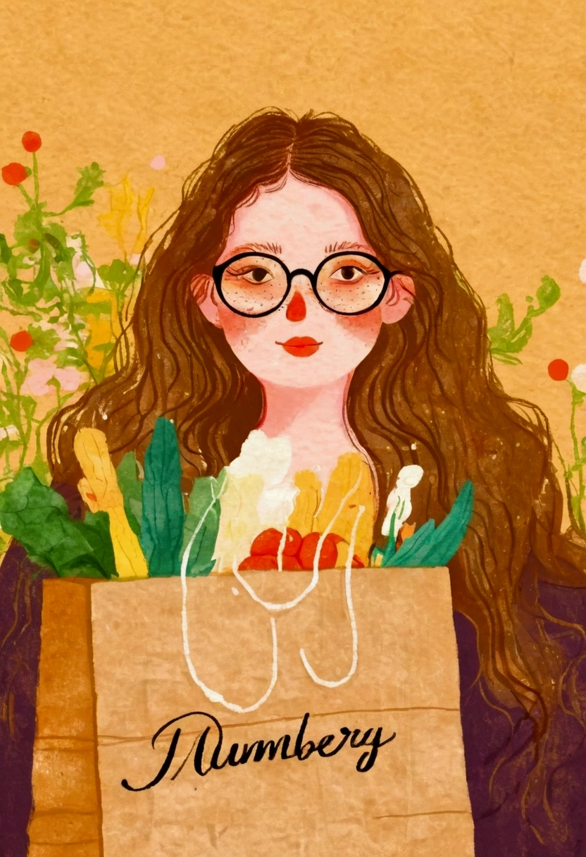 Pastel Art：Illustration of a woman wearing glasses holding a paper bag,