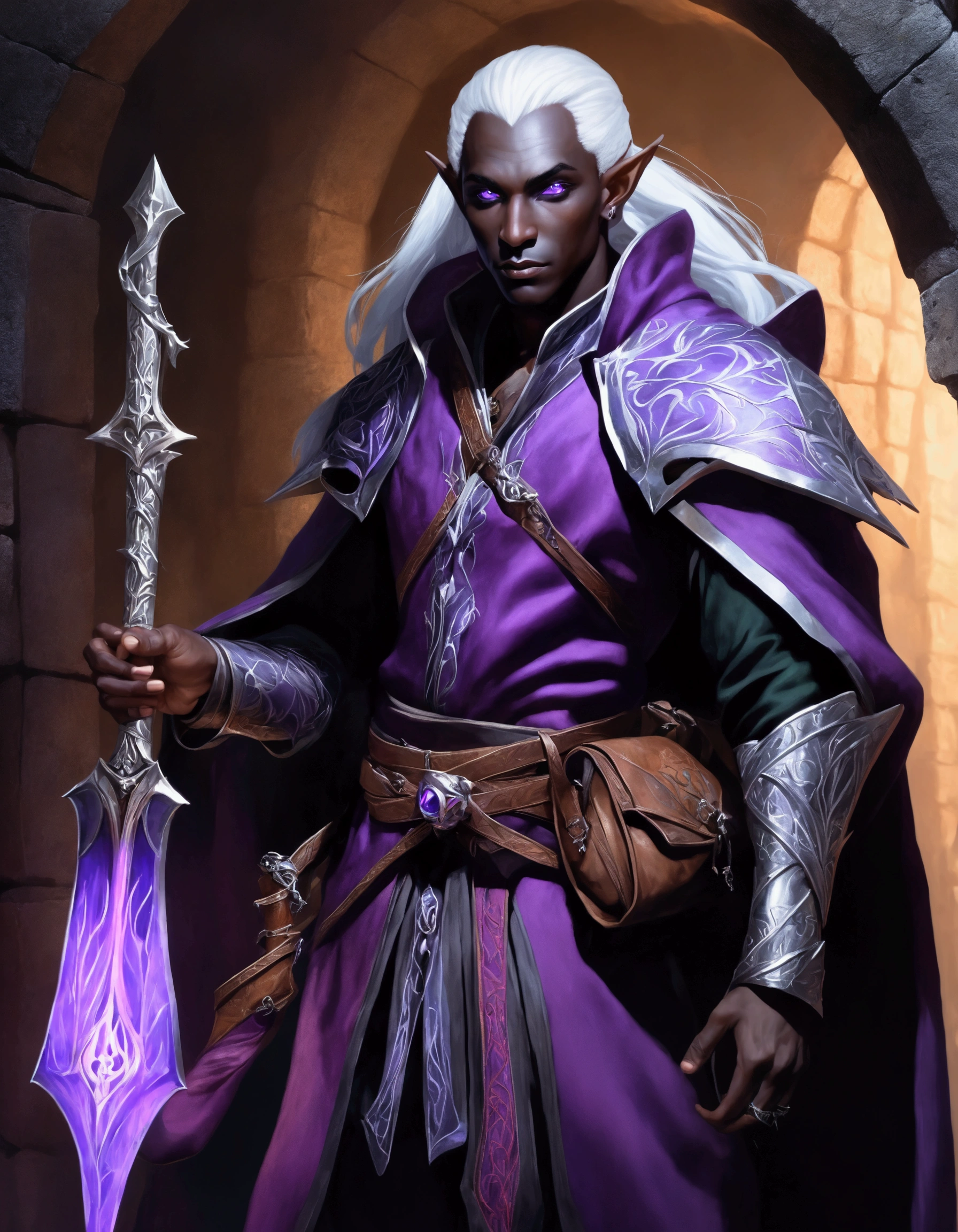 (Drow Elf Male)(Night black skin, evil wizards robes with intricate embroidery, adventuring sacks and pouches, violet eyes, silver hair, magical bag on hip, one handed crossbow, sword in scabbard) look of contempt on his face, posing in a dungeon, viewer is not a worthy foe
