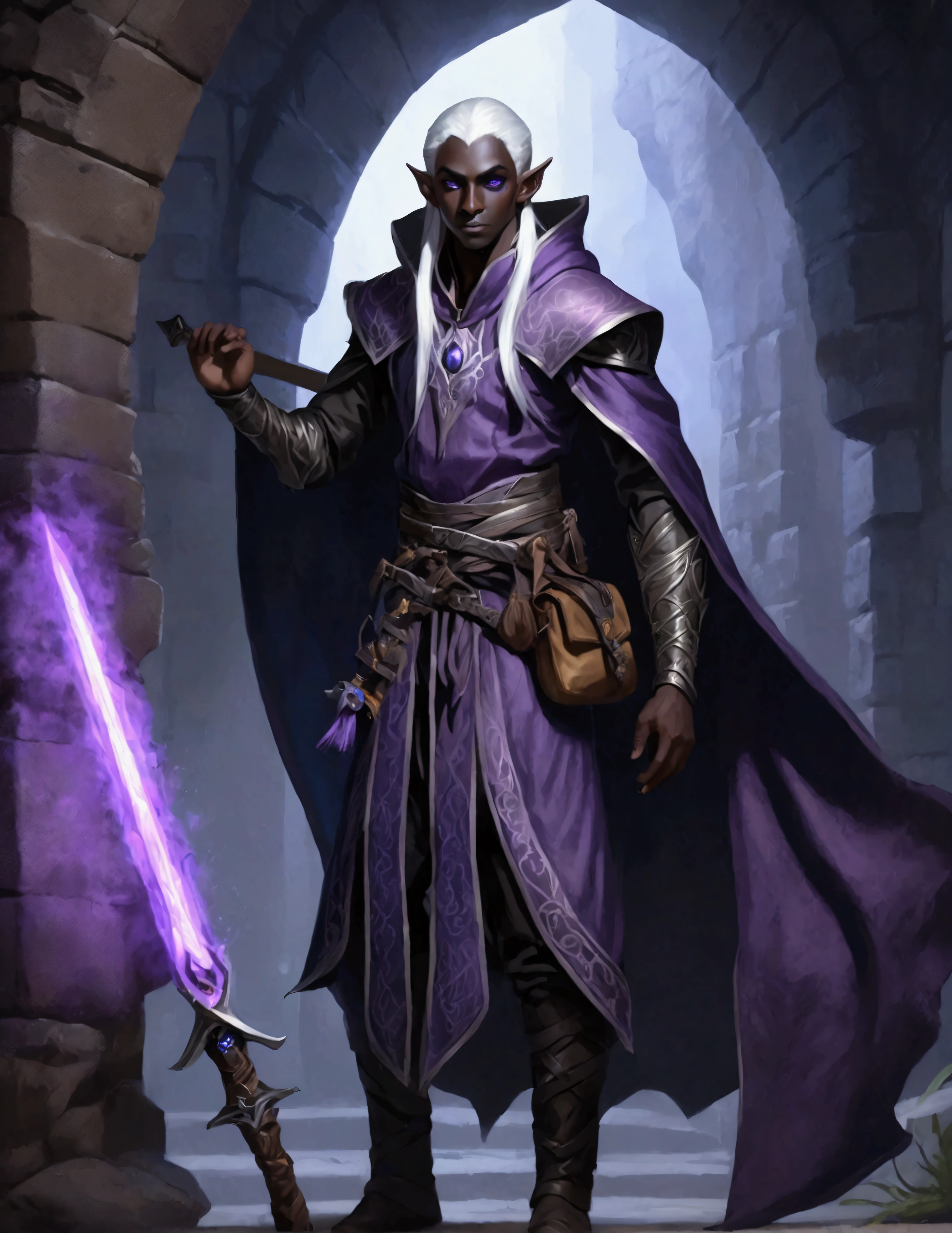 (Drow Elf Male)(Night black skin, evil wizards robes with intricate embroidery, adventuring sacks and pouches, violet eyes, silver hair, magical bag on hip, one handed crossbow, sword in scabbard) look of contempt on his face, posing in a dungeon, viewer is not a worthy foe