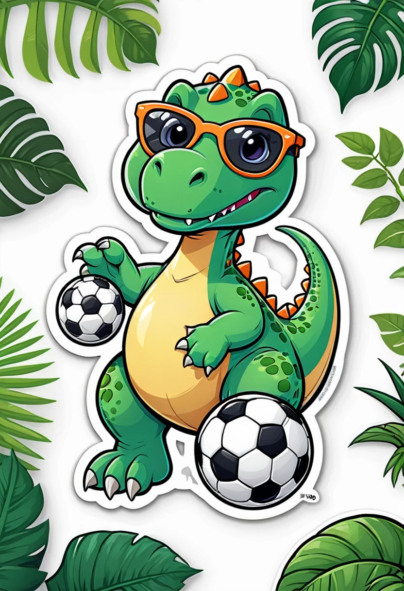 Colorful sticker design on a white background featuring a cartoon green dinosaur with sunglasses patting itself while holding a soccer ball in the middle of a fantasy jungle.  