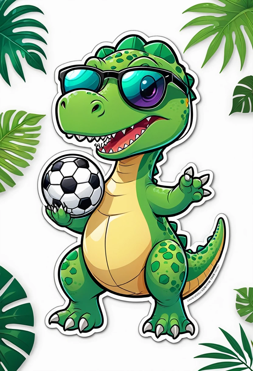 Colorful sticker design on a white background featuring a cartoon green dinosaur with sunglasses patting itself while holding a soccer ball in the middle of a fantasy jungle.
