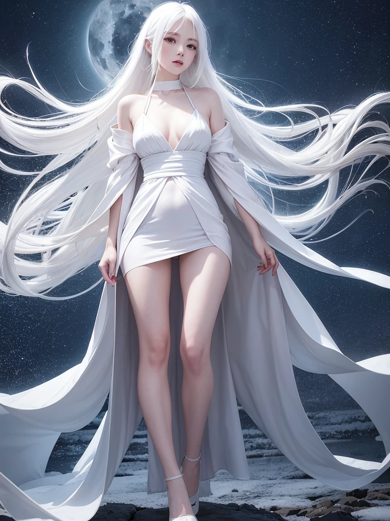 Delicate and dainty young woman with long glossy white hair. She is wearing a white only short thigh-baring kimono. The background is a fantastic and ethereal night sky with a heavy snowstorm. Her expression is stern and atmospheric. Strong winds.
