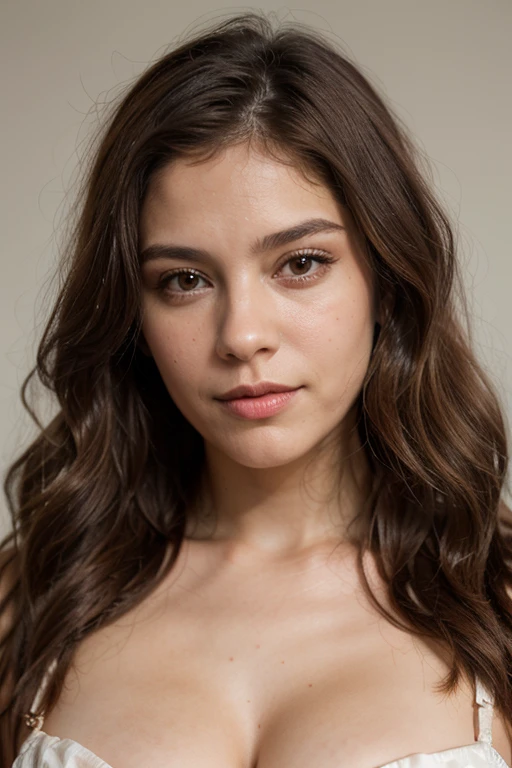 Generate me the face of a woman of Latin origin (Mexico, Ecuador, Venezuela, ....). Chestnut brown hair, des yeux bruns clairs, a mouth with lips larger than average but without being too. Slightly wavy hair
