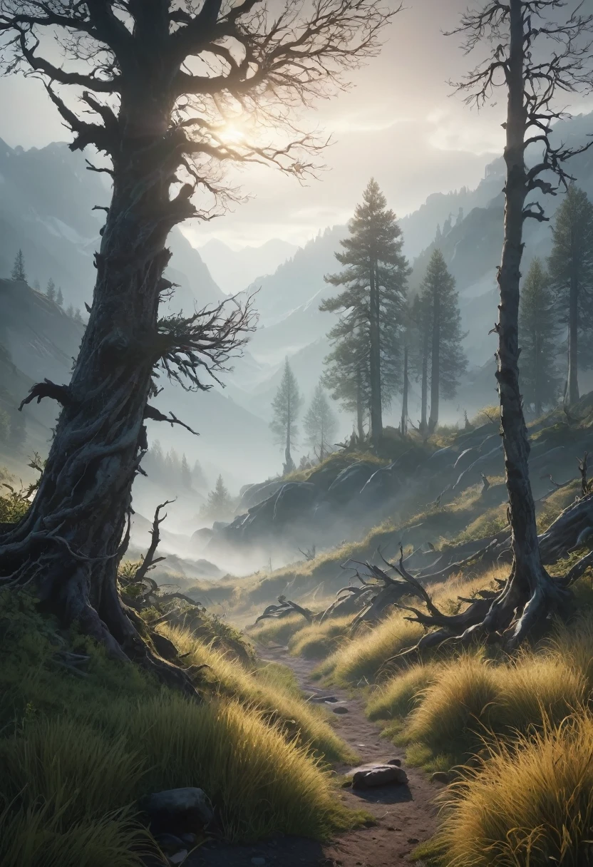 Create a desolate landscape of valleys and mountains, shrouded in thick fog, with few rays of sun, with twisted trees and thick trunks, and undergrowth resembling grass and grass, in an ultra-realistic landscape, with dead colors, 4K, cinematic lighting, natural lighting, film grain, cinematic lighting, high détail, Photoreal, Photorealistic, volumetric lighting and shading