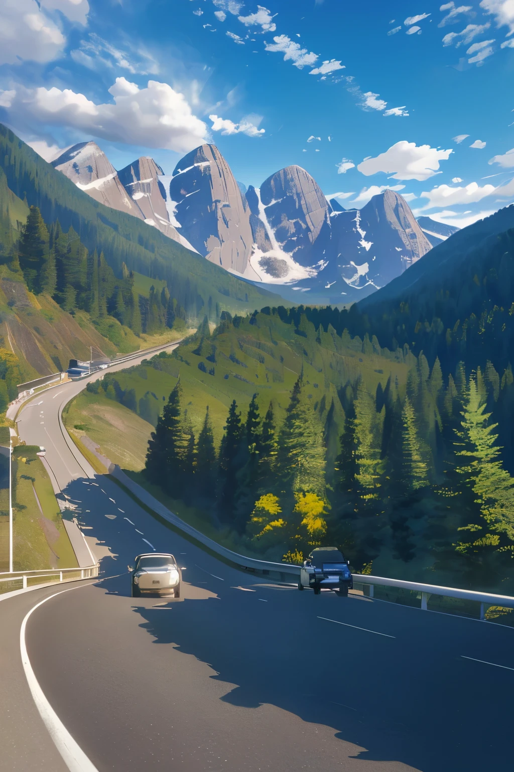 masterpiece, top-quality, (detailed 3D rendered image of a highway winding through towering mountains) (scenic beauty at its finest), (spectacular shading and lighting), (vivid colors and textures), The Majestic Highway, (a testament to nature's grandeur), (highway stretches endlessly into the distance), (sharp mountain peaks pierce the clear blue sky), (cool and refreshing breeze), (clouds cast dramatic shadows on the road), (vehicles appear tiny and insignificant), (a sense of awe and wonder).