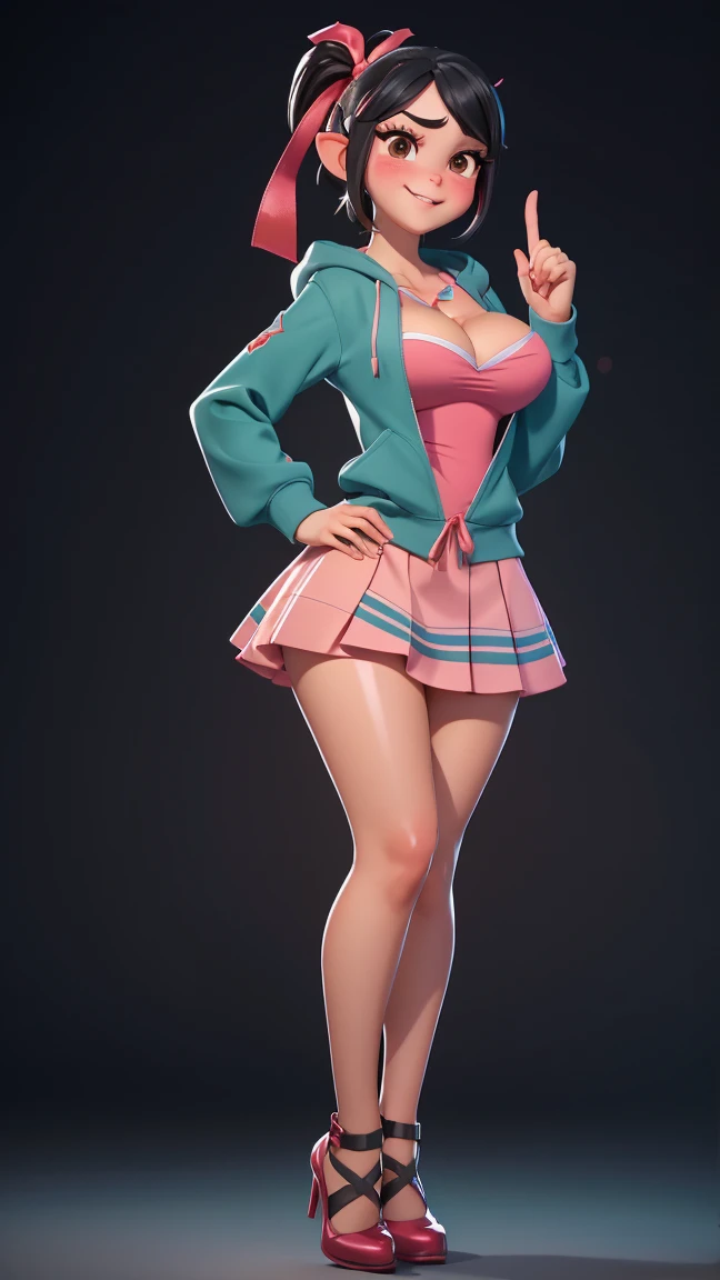 Full body view, adult, (best quality:1.4),(shiny skin), body focus, (cute face), (((best quality))), illustration, adult, full body view,  ((Beautiful Finger)), , Beautiful body, big breast, cleavage ,perfect pussy, Colorful, Bright_Front_face_Lighting, ultra high res, highres, absurdres:1.2, bokeh:1.2, lens flare, huge breasts, tall, long legs, adult, (vibrant_color:1.2), , (thick thighs:1.1), THICK, Black hair with colored sprinkles, red ribbon, teal hoodie, large brown eyes, pointy ears, pink blush on cheeks, content expression, skirt, adult Vanellope von Schweetz as an adult, 30 years  old, sexy position.