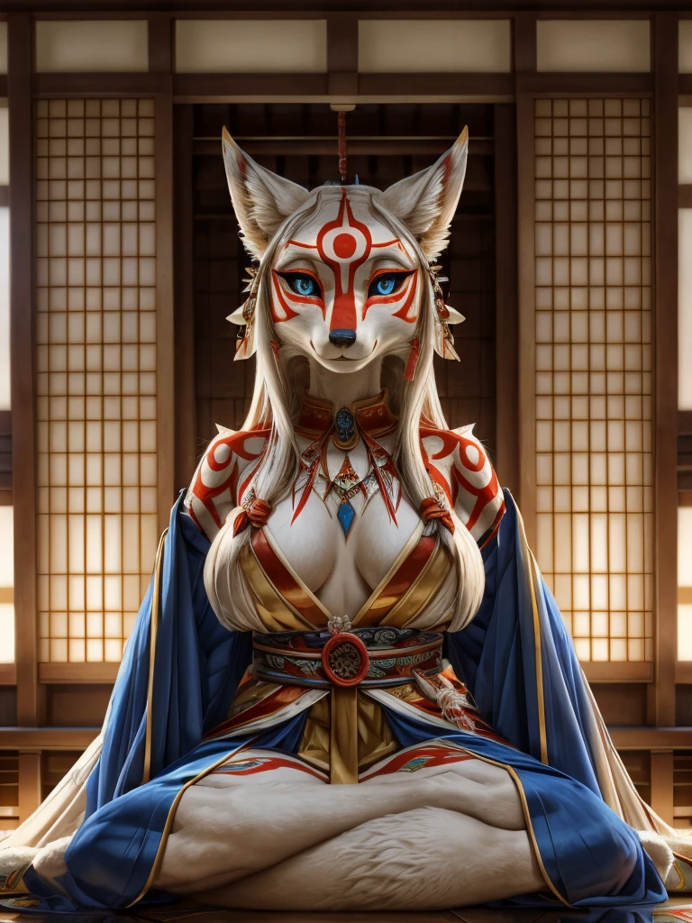 Ktisune white fur, amaterasu eyes, add high definition_detail:1, blue fur,kitsune ears, tribal tattoo add_detail:1, pretty girl add_detail:1, feudal priestess clothing add_detail:1, japanese shrine scenery add_detail:1, japanese shrine costume add_detail:1, bare left leg add_detail:1, add full body_detail, under a tori gate, super detailed pupils, beautiful eyes, bright pupils