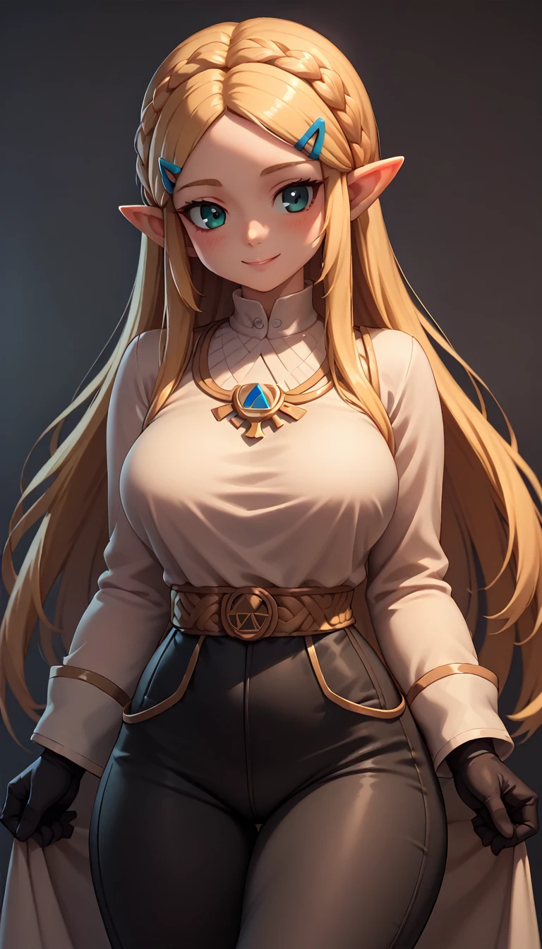 High resolution, Very detailed, perfect lighting, beautiful detailed eyes,   ((masterpiece,Best Quality)), absurdities, alone,     princess zelda, by the width, crown braid, Hair clip, pointy ears, rode well, long sleeves, Gloves without fingers, black gloves, Black pants, tight pants, smile, curves, nod,   ,  deep neckline, deep neckline , rode well, in front of the camera, in front of the camera, touching her breasts in a sexy way, touching her breasts in a sexy way, long hair with fringe, long hair with fringe 