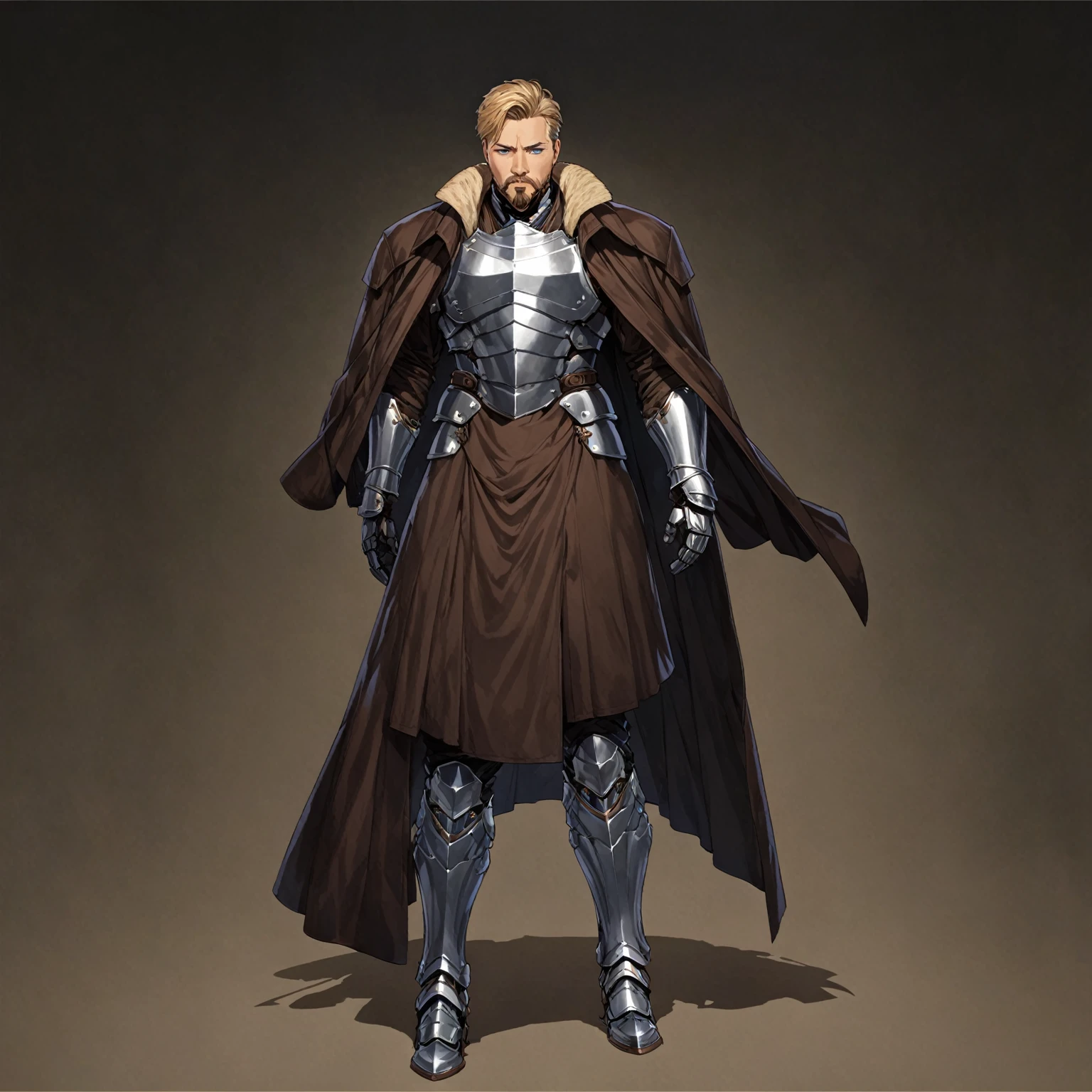 masterpiece, best quality, good quality, Highly detailed, shadowverse style, male, adult, facial hair, age 40s, blue eyes, blonde hair, short hair. armored, fantasy aesthetic, overcoat, adult, silver armored greaves, silver armored gauntlet, bang one side hair, overcoat, brown clothes 