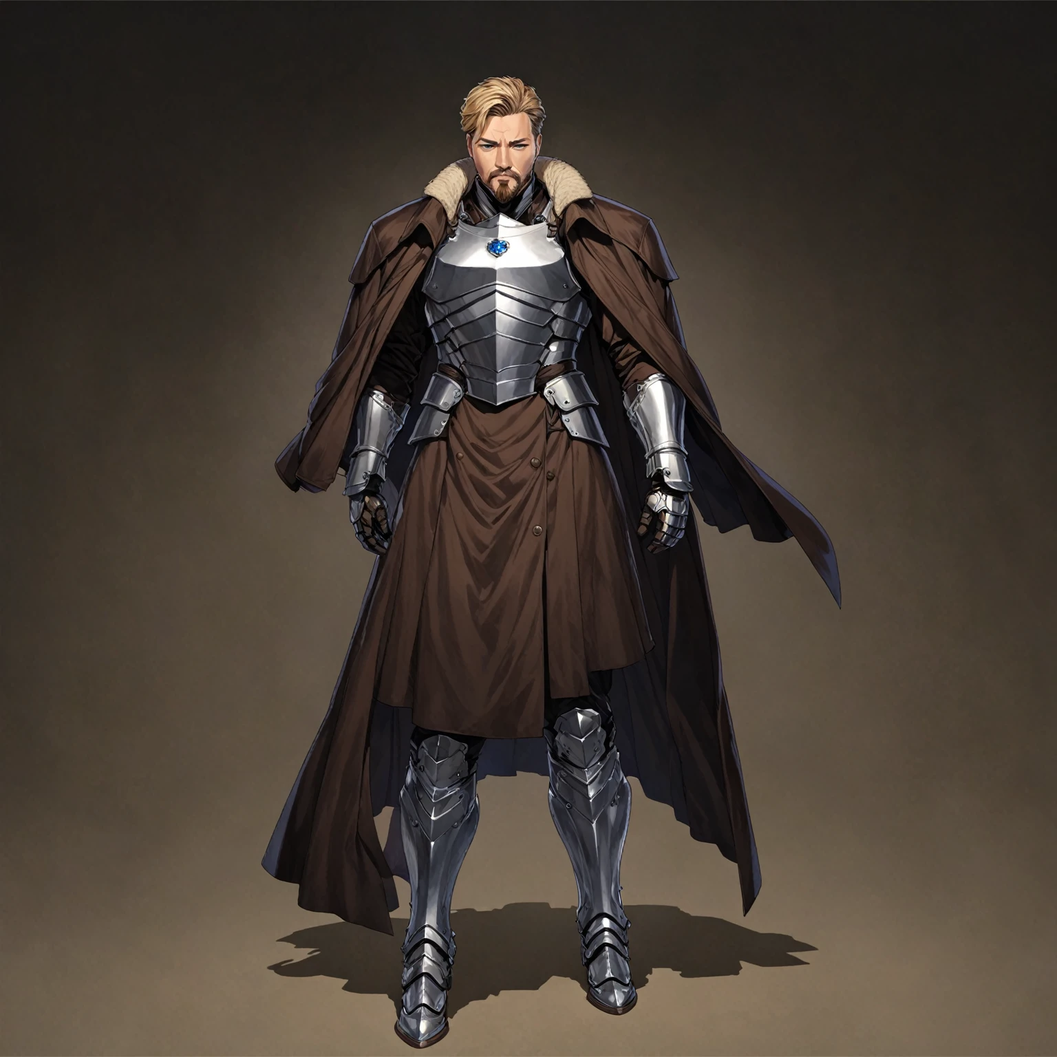 masterpiece, best quality, good quality, Highly detailed, shadowverse style, male, adult, facial hair, age 40s, blue eyes, blonde hair, short hair. armored, fantasy aesthetic, overcoat, adult, silver armored greaves, silver armored gauntlet, bang one side hair, overcoat, brown clothes 