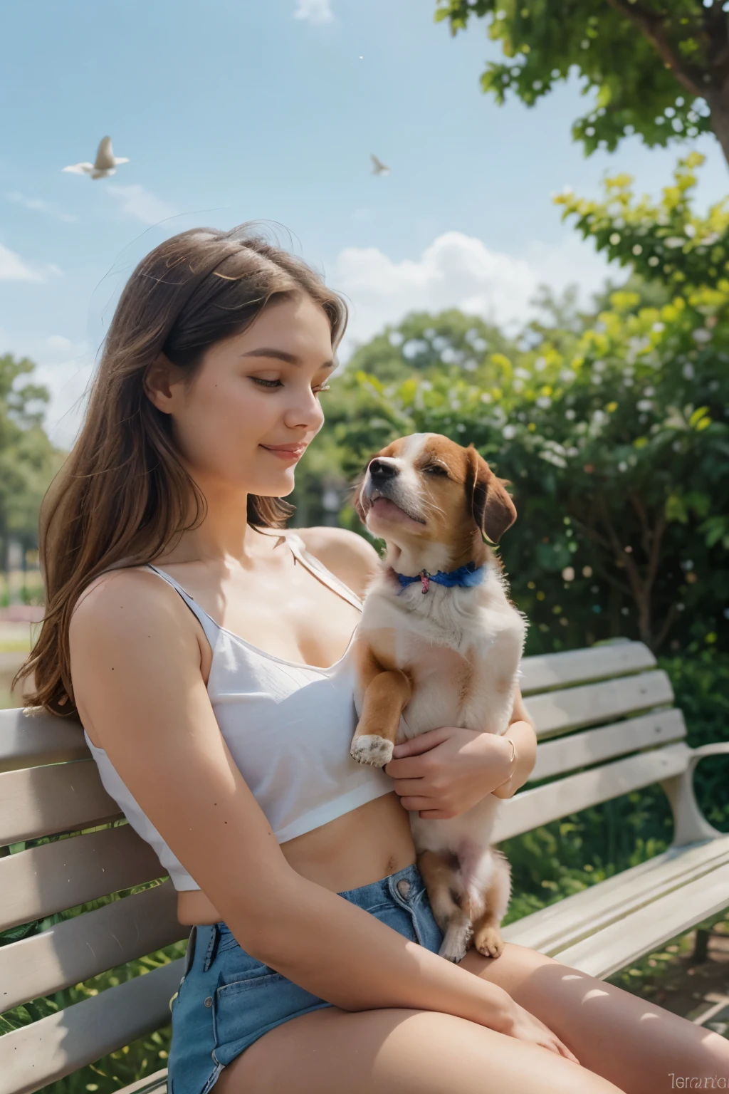 A young woman sitting on a park bench, surrounded by lush greenery with blooming flowers and a clear blue sky. A small dog is sitting beside her, and a few birds are flying in the background (Ultra realistic, high detail, natural lighting, vibrant colors, dynamic composition). Best quality: 1.3, high resolution, artistic photography, 300 dpi.