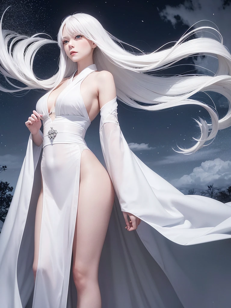 Delicate and dainty young woman with long glossy white hair. She is wearing a white only short thigh-baring kimono. The background is a fantastic and ethereal night sky with a heavy snowstorm. Her expression is stern and atmospheric.　Strong winds.