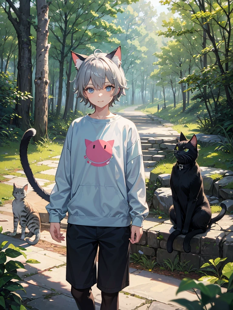 An 11 year old boy has a tail and cat ears, her gray hair blowing in the wind mischievous but light blue eyes, a really cute cat sweatshirt, in a very beautiful forest