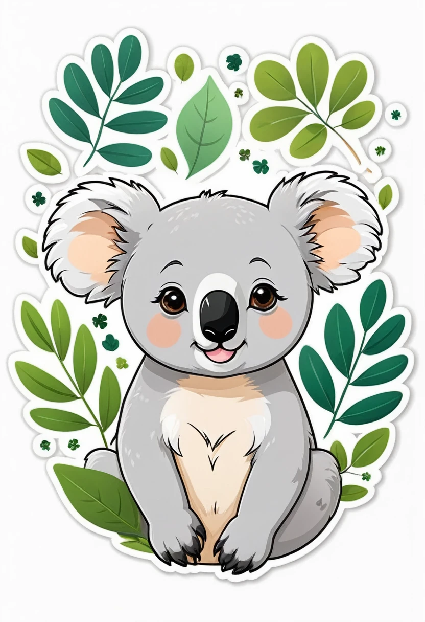 Colorful sticker design on a white background with a cute koala face with round ears and a black nose, around the koala there are elements of green and small leaves, 