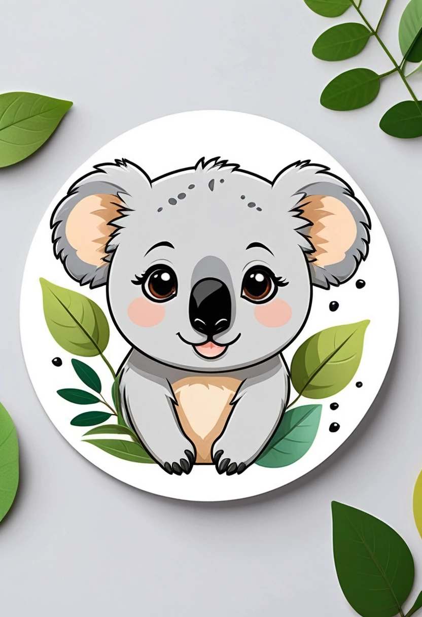 Colorful sticker design on a white background with a cute koala face with round ears and a black nose, around the koala there are elements of green and small leaves,