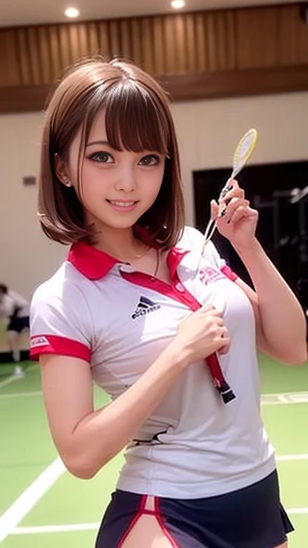 ((Badminton Outfit、Badminton Costume、badminton cosplay、badminton uniform、Badminton player、Mini skirt with slit))、1 girl、Bob Hair、Medium breast、(Badminton racket holding)、masterpiece:1.3、Raw photo、Highest quality、Detailed Images、Detailed Background、gym、Badminton court、