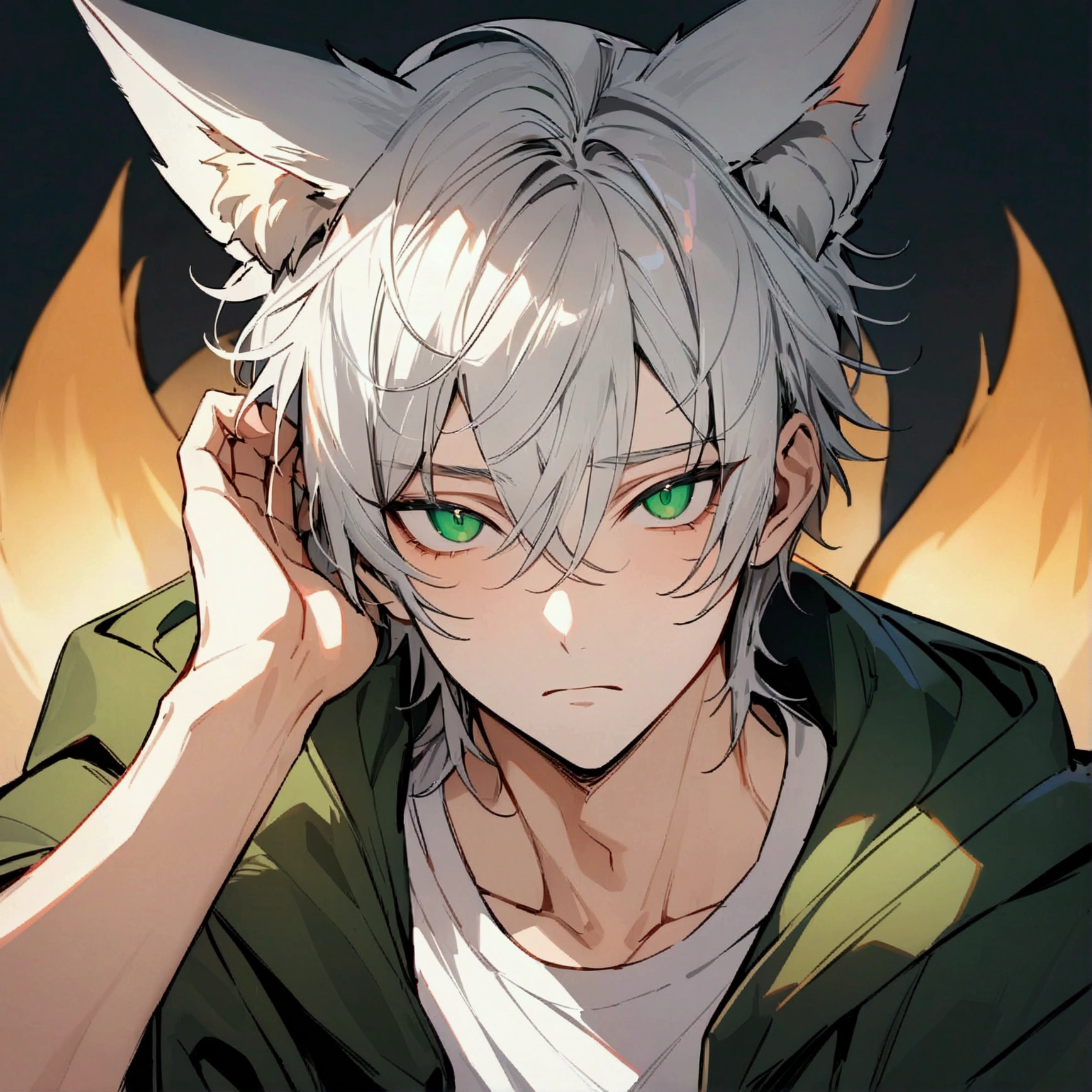 (masterpiece), best quality, expressive eyes, perfect face, Male, Silver hair, green eyes, Kitsune, fox ears, dark green jacket, black pants, portrait, white t-shirt, handsome, nonchalant and tired, scratching his head while staring at viewer