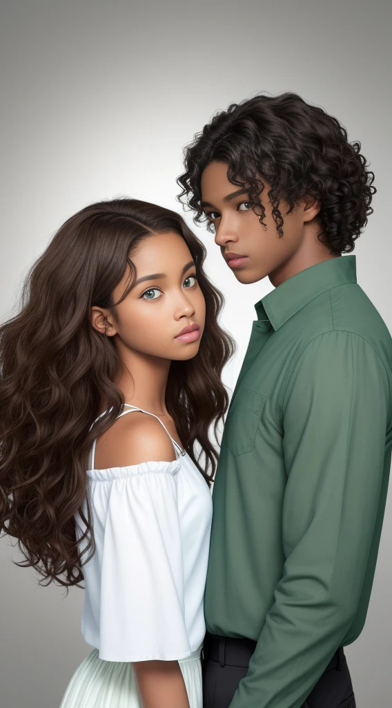 A black girl with voluminous wavy hair, brown color, green eyes, a boy taller than the white girl, with blue eyes, short wavy hair, facing each other, looking at each other