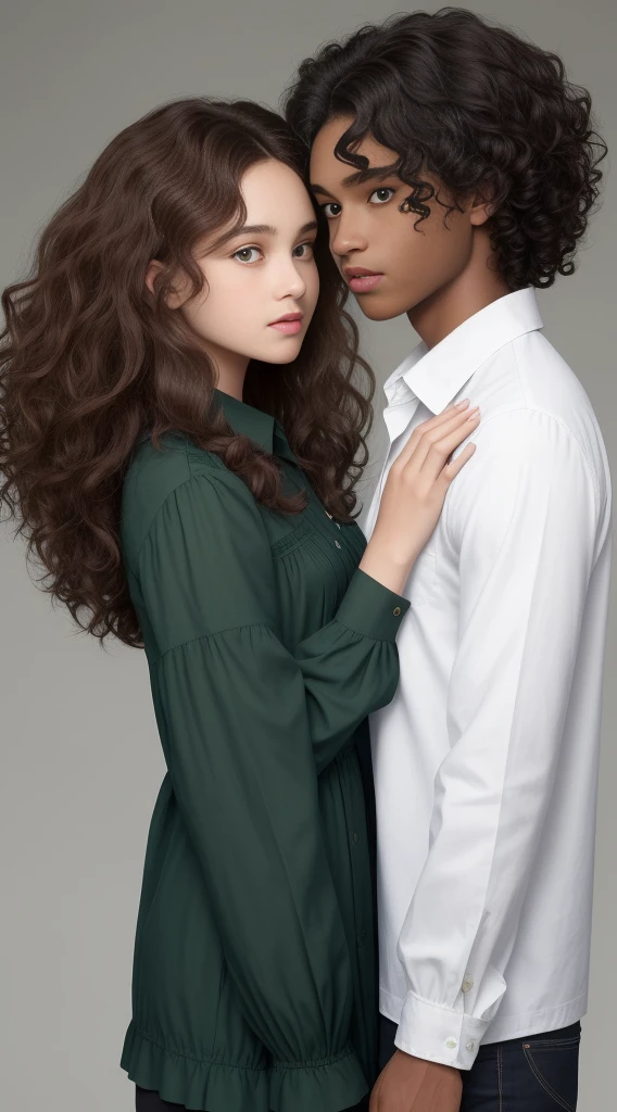 A black girl with voluminous wavy hair, brown color, green eyes, a boy taller than the white girl, with blue eyes, short wavy hair, facing each other, looking at each other
