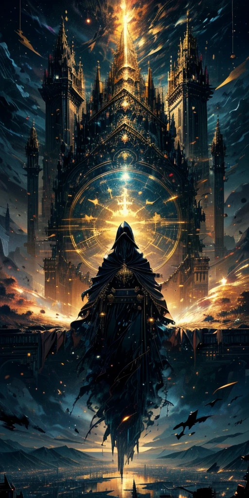 Generate a 4K resolution (400x900) image in the enchanting gold Castle , and there's a big black dragon  guarding the golder castle anime style, portraying a quintessential world of sky that no one has seen or imagined,  soft colors:: illustration --ar 4:9
