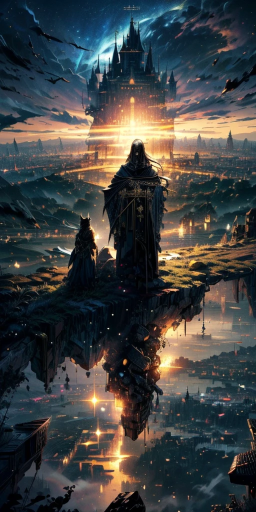 Generate a 4K resolution (400x900) image in the enchanting gold Castle , and there's a big black dragon  guarding the golder castle anime style, portraying a quintessential world of sky that no one has seen or imagined,  soft colors:: illustration --ar 4:9
