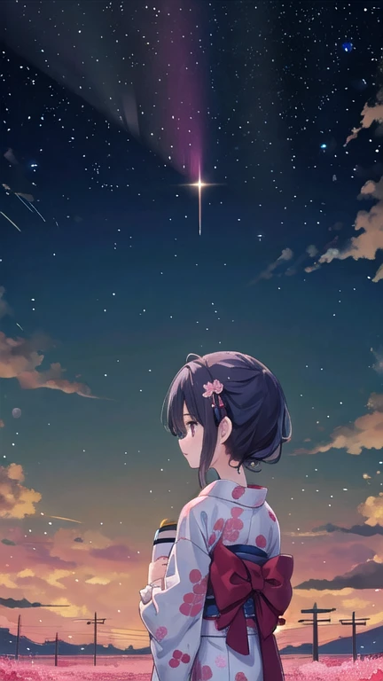 One girl, a distant girl kiss girl in a kimono gazing at the performer, (zoom: 1.1), (meteor群: 1.2), (comet: 1.1), yourname, Low - Angle, From behind, Aurora, meteor, yukata, Red kimono, cherry blossoms, Standing in the field, Highest quality, masterpiece, cloud, colorful, Starry sky, performer,