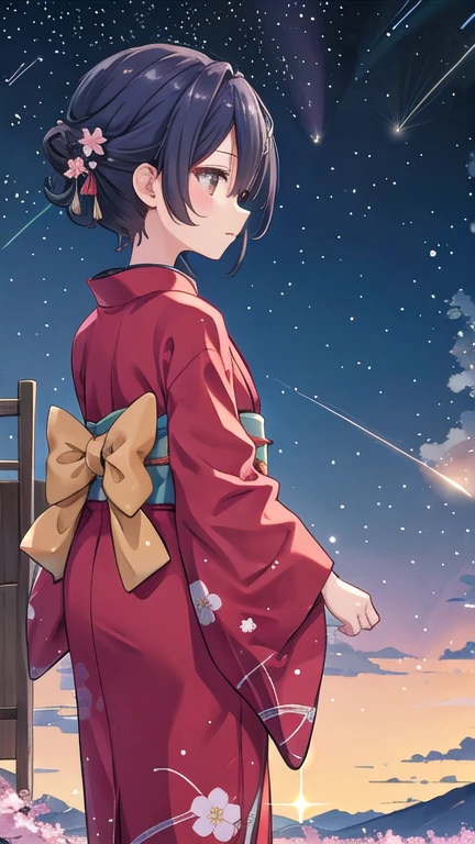 One girl, a distant girl kiss girl in a kimono gazing at the performer, (zoom: 1.1), (meteor群: 1.2), (comet: 1.1), yourname, Low - Angle, From behind, Aurora, meteor, yukata, Red kimono, cherry blossoms, Standing in the field, Highest quality, masterpiece, cloud, colorful, Starry sky, performer,