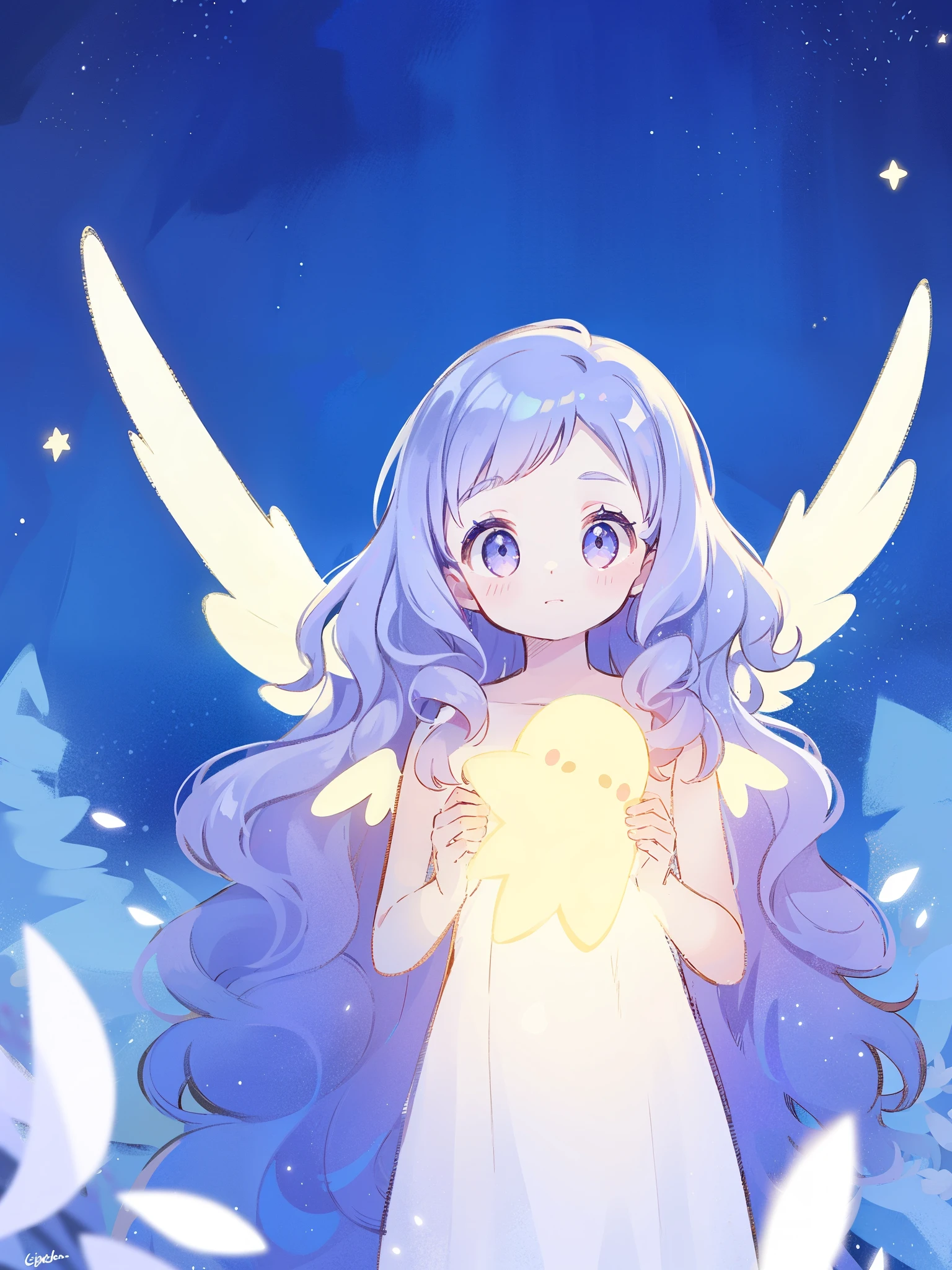 nude angel girl wearing an ethereal translucent dress, pale skin, ((wavy gradient blue purple hair)), white feathers, angel wings, sparkling detailed eyes, golden ratio face, perfect composition, highly detailed, ethereal, (starry night sky background), midjourney style