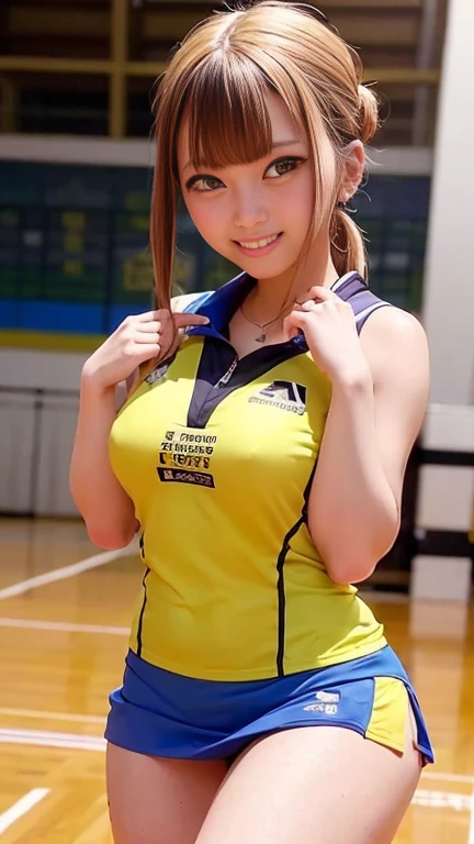 ((Badminton Outfit、Badminton Costume、badminton cosplay、badminton uniform、Badminton player、Mini skirt with slit))、1 girl、Bob Hair、Medium breast、(Badminton racket holding)、masterpiece:1.3、Raw photo、Highest quality、Detailed Images、Detailed Background、gym、Badminton court、