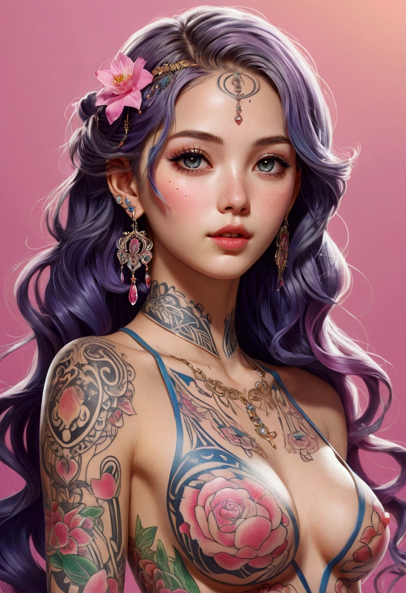 Anime-style woman, thin, thin, whole body, Full of tattoos, Lots of earrings, Beautiful and shiny hair, Rainbow Eyes, Slanted Eyes, Wavy Hair, Kind and charming, Expose your shoulders, Delicate and sexy collarbone, Attractive oval face, double eyelid, Pink Lips, Small Nose, Concentrated face, Ultra-high resolution, Very detailed, Graceful posture, Nice, ultra-thin, tribal tattoo body paint, Glowing Skin, Realistic Background, sunlight