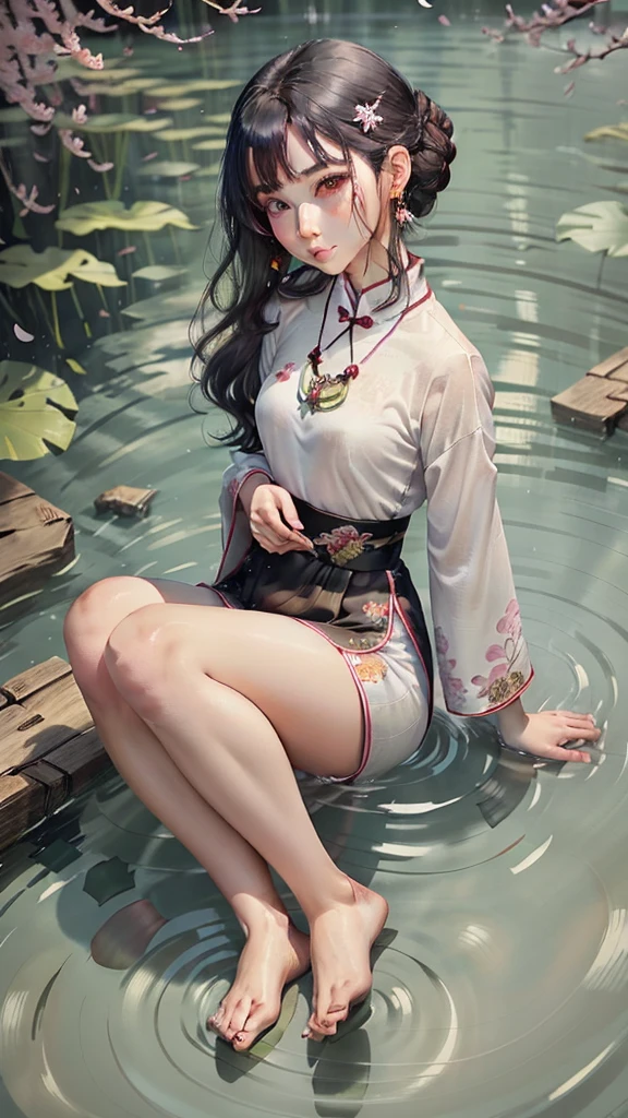 hair-color: (black ebony, Long to the waist, slightly wavy at the ends)
eyecolor: (dark brown, almonds, with an introspective glow)
skin tone: (pale, with a slight blush on the cheeks)
Body Structure: (Slender and graceful, with elegant posture)
muka: (Oval, with delicate strokes, pink lips and small nose)
Clothing: (Traditional Chinese Dress (cheongsam) white silk, with detailed floral embroidery)
Accessories: (Green jade earrings, Necklace with lotus pendant)
expression: (Distant and contemplative look, eyebrows slightly arched in concentration, lips slightly curved in a melancholy smile)
stance: (Sitting by a lake, hands gently resting on your lap, bare feet touching the water)
enviroment: Chinese traditional garden, with bamboo trees in the background and cherry blossoms falling around it Additional details: A light breeze caresses your face, gently moving your hair strands, creating a serene and reflective setting.