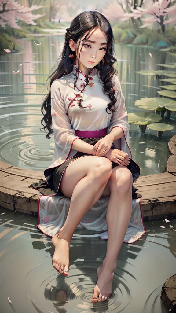 hair-color: (black ebony, Long to the waist, slightly wavy at the ends)
eyecolor: (dark brown, almonds, with an introspective glow)
skin tone: (pale, with a slight blush on the cheeks)
Body Structure: (Slender and graceful, with elegant posture)
muka: (Oval, with delicate strokes, pink lips and small nose)
Clothing: (Traditional Chinese Dress (cheongsam) white silk, with detailed floral embroidery)
Accessories: (Green jade earrings, Necklace with lotus pendant)
expression: (Distant and contemplative look, eyebrows slightly arched in concentration, lips slightly curved in a melancholy smile)
stance: (Sitting by a lake, hands gently resting on your lap, bare feet touching the water)
enviroment: Chinese traditional garden, with bamboo trees in the background and cherry blossoms falling around it Additional details: A light breeze caresses your face, gently moving your hair strands, creating a serene and reflective setting.