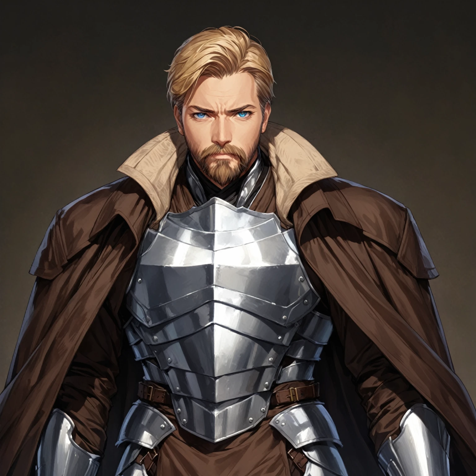 masterpiece, best quality, good quality, Highly detailed, shadowverse style, male, adult, facial hair, age 40s, blue eyes, blonde hair, short hair. armored, fantasy aesthetic, overcoat, adult, silver armored greaves, silver armored gauntlet, bang one side hair, overcoat, brown clothes 