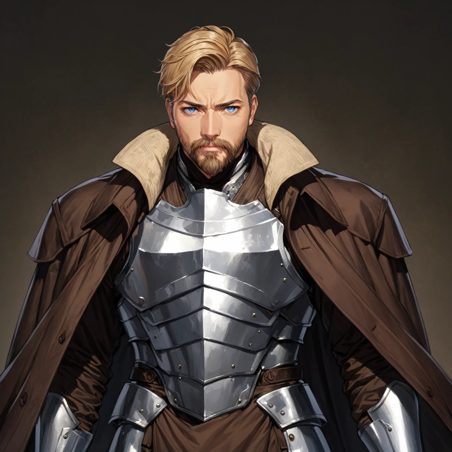 masterpiece, best quality, good quality, Highly detailed, shadowverse style, male, adult, facial hair, age 40s, blue eyes, blonde hair, short hair. armored, fantasy aesthetic, overcoat, adult, silver armored greaves, silver armored gauntlet, bang one side hair, overcoat, brown clothes 