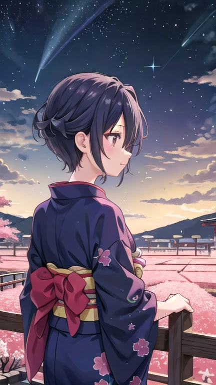 One girl, a distant girl kiss girl in a kimono gazing at the performer, (zoom: 1.1), (meteor群: 1.2), (comet: 1.1), yourname, Low - Angle, From behind, Aurora, meteor, yukata, Red kimono, cherry blossoms, Standing in the field, Highest quality, masterpiece, cloud, colorful, Starry sky, performer,