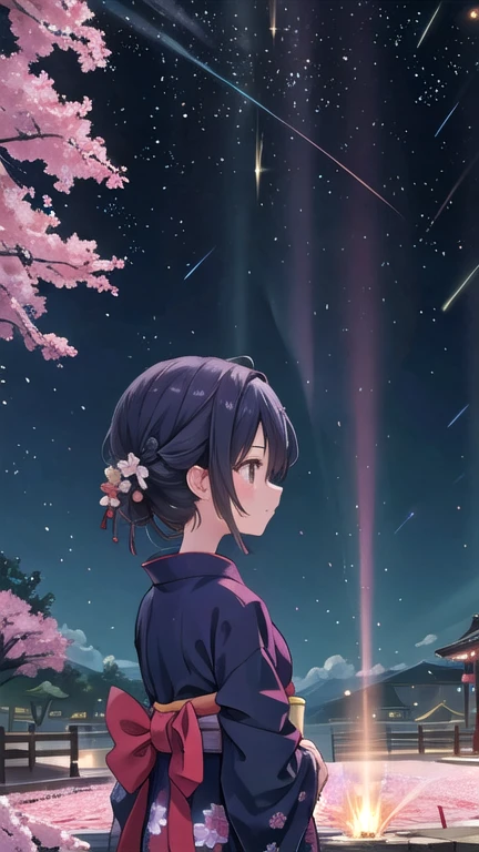 One girl, a distant girl kiss girl in a kimono gazing at the performer, (zoom: 1.1), (meteor群: 1.2), (comet: 1.1), yourname, Low - Angle, From behind, Aurora, meteor, yukata, Red kimono, cherry blossoms, Standing in the field, Highest quality, masterpiece, cloud, colorful, Starry sky, performer,
