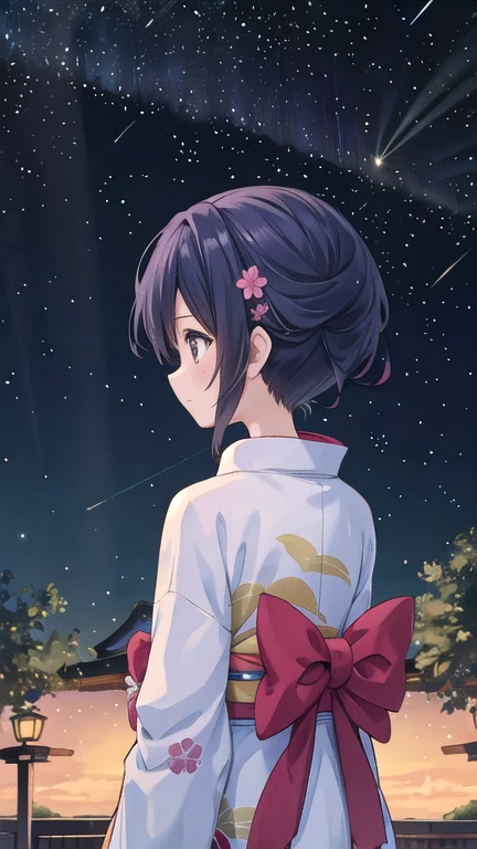 One girl, a distant girl kiss girl in a kimono gazing at the performer, (zoom: 1.1), (meteor群: 1.2), (comet: 1.1), yourname, Low - Angle, From behind, Aurora, meteor, yukata, Red kimono, cherry blossoms, Standing in the field, Highest quality, masterpiece, cloud, colorful, Starry sky, performer,