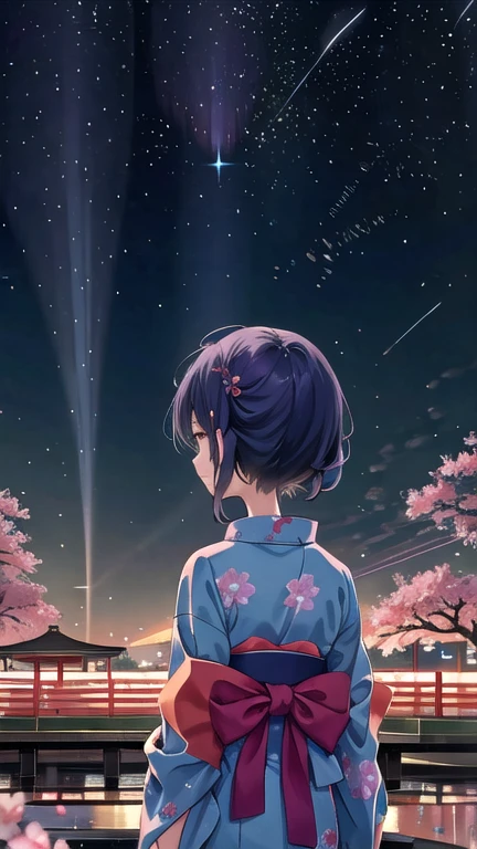 One girl, a distant girl kiss girl in a kimono gazing at the performer, (zoom: 1.1), (meteor群: 1.2), (comet: 1.1), yourname, Low - Angle, From behind, Aurora, meteor, yukata, Red kimono, cherry blossoms, Standing in the field, Highest quality, masterpiece, cloud, colorful, Starry sky, performer,