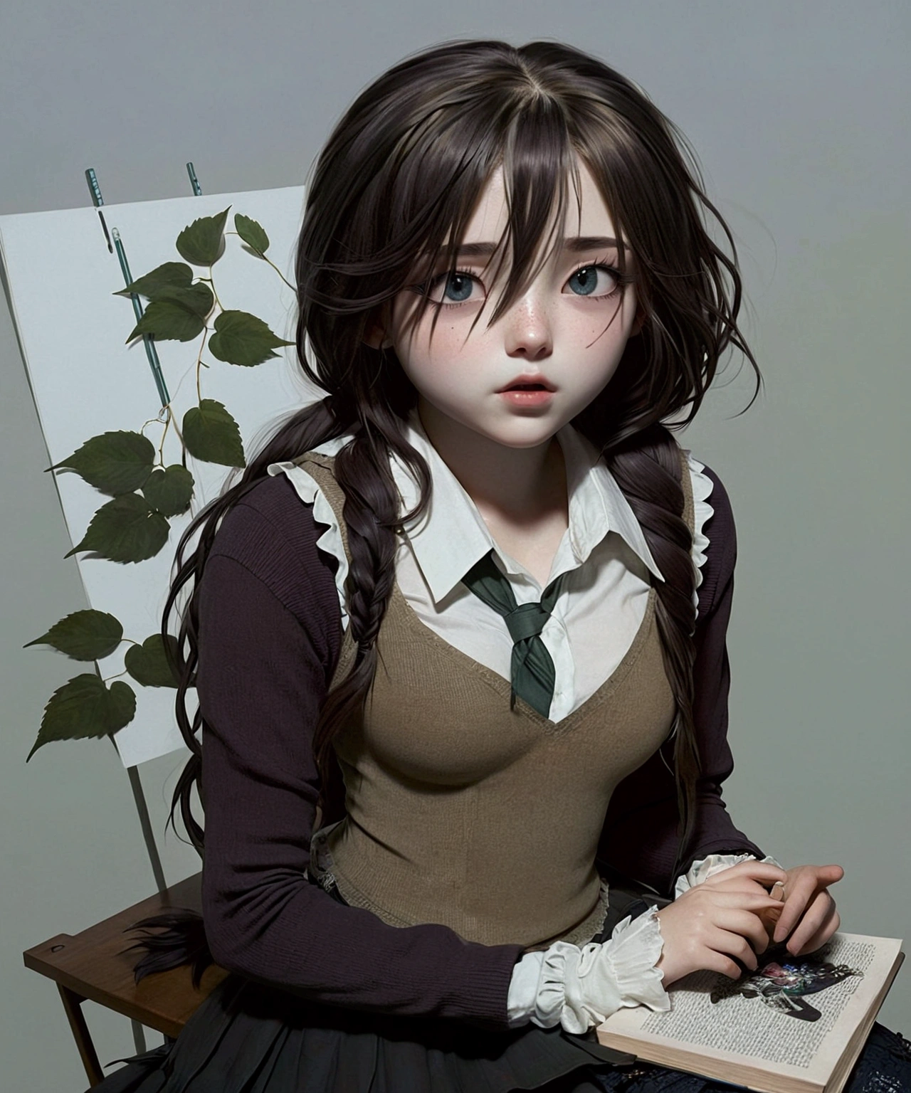 standing alone, 1 girl, work of art, best qualityer, extremely detaild, Film light, Complicated Details, Height, offcial art, Beautiful face and eyes with exquisite details, High resolution illustrations, 8k, dark eyeshadow, overexposure, [hair blonde/chestnut hair], single braid, blue colored eyes, cups, satisfied with yourself, seated in a chair, trunk, breasts big, white  shirt, yellow suspenders, Boken_stacked, bookcase, ((vine)), Pink, looking at the audience
