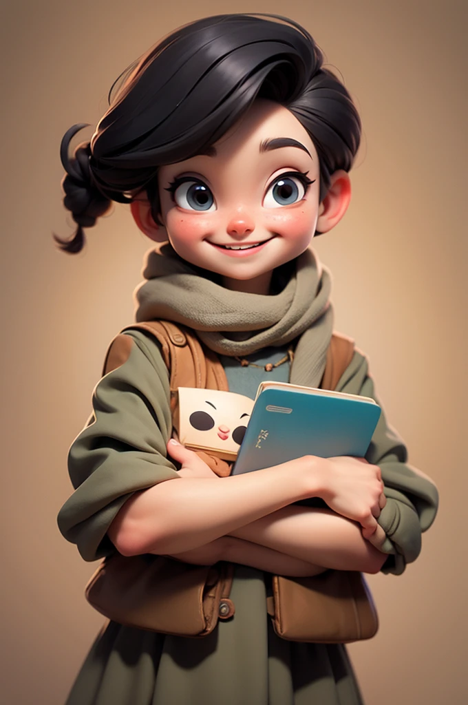 the girl smiles and holds books in her hands, cartoon style, simplified forms