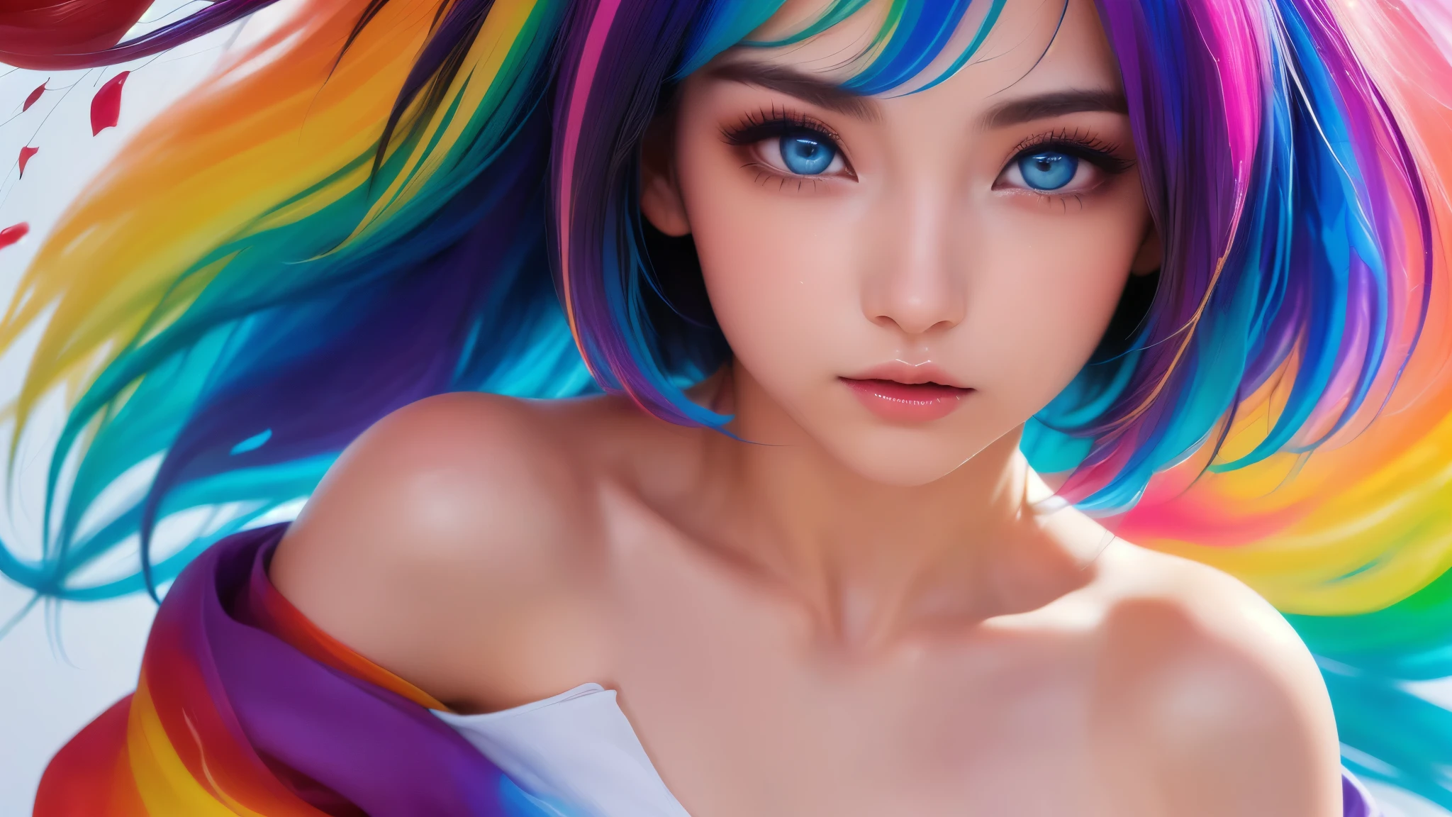masterpiece、细致背景、Ultra high quality model、Graceful background、Abstract beauty、stunningly beautiful、an oil painting、Heavy Stroke、Explosive volume、(Segment difference:1.8)、(Paint hits the canvas and splatters)、The campus is black、(depth of fields)、One girl's face mixed、(Covered with paint, Except for the face)、Black background、(Liquid paint and rainbow hair:1.1)Made ofpaint and defying gravity、Thick fluid、(Paint Splatter: 1.3)、Liquid state、Romantic lighting、Sub-surface scattering、Lens 135mm、F1.8、Glow、8K、hight resolution、dream-like、Ray traching、nffsw、Divine Light、