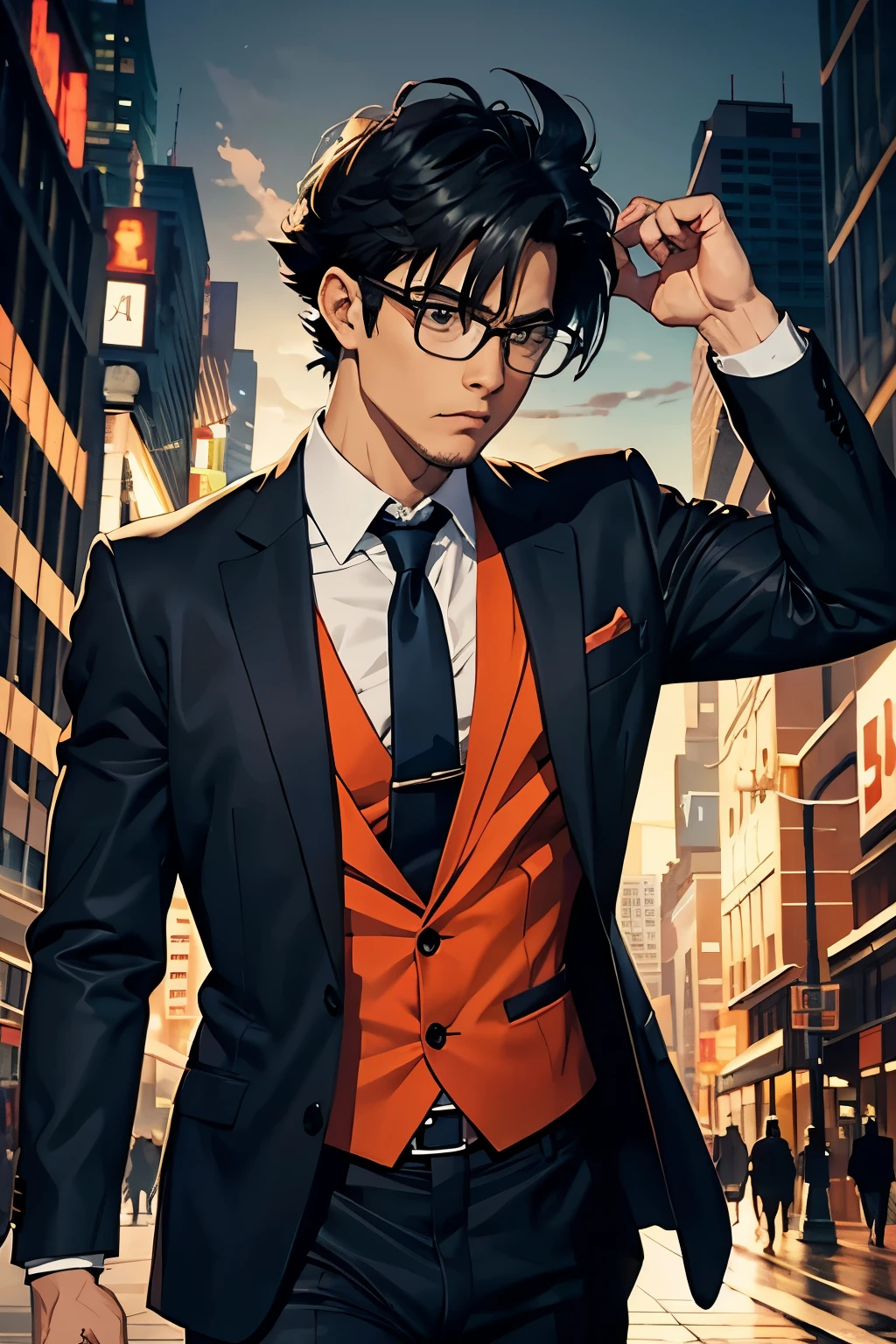 create son goku in the metropolitan Clark Kent style, wearing glasses and a suit as a disguise, Son Goku hair style