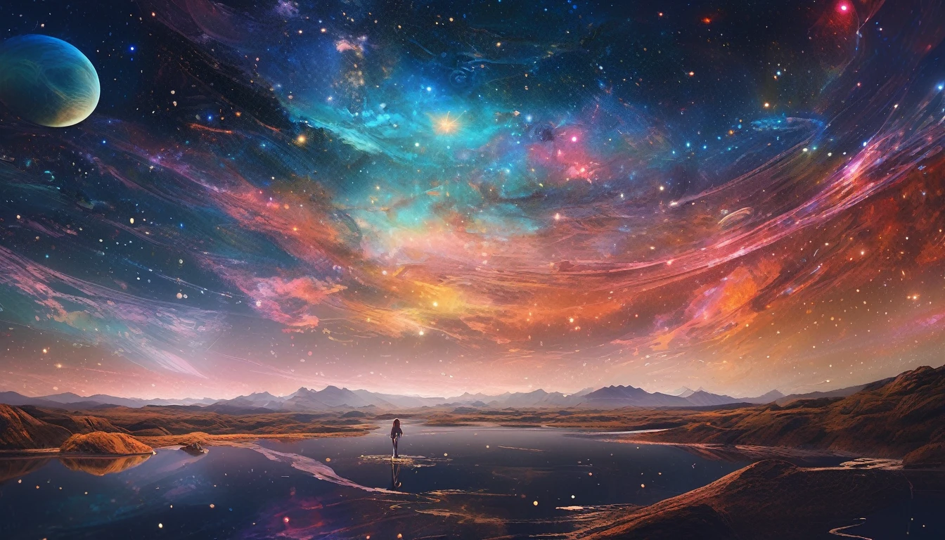 winged girl、Girl flying in space、starry skyを飛ぶ少女、Farbe々なFarbeの星の光、Diego Gisbert Lawrence、Joe San Gonzalez e Mumford、Picture book illustrations、psychedelic art、a girl、starry sky、nebula、maelstrom、water、bum、super wide photo、highest quallity、ultra detali、Intensive、golden ratio composition、
