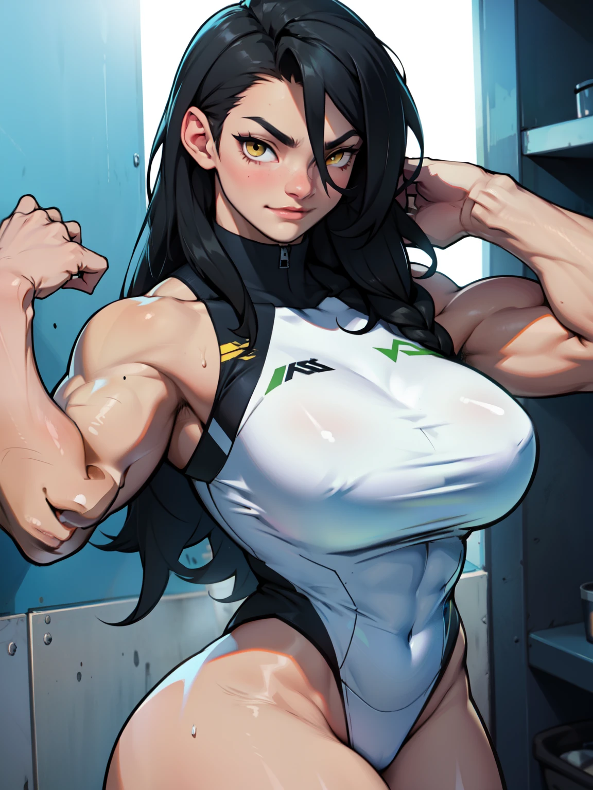 joyful gleaming eyes black hair yellow eyes pale skin sharp focus muscular girl massive breasts muscular girl solo