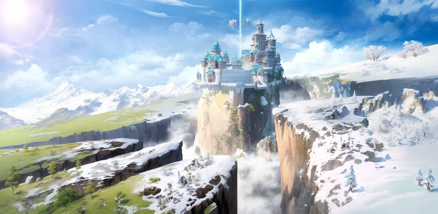 There is a castle on the cliff，, Feiyun Castle, 2. 5D CGI anime fantasy artwork, Anime Landscape Concept Art, Final Fantasy Vll World Concept, A huge floating castle, high fantasy castle, Magic 2D Concept Art, Flying Castle, Hill Castle, Ruina Library concept art, Concept art is very detailed