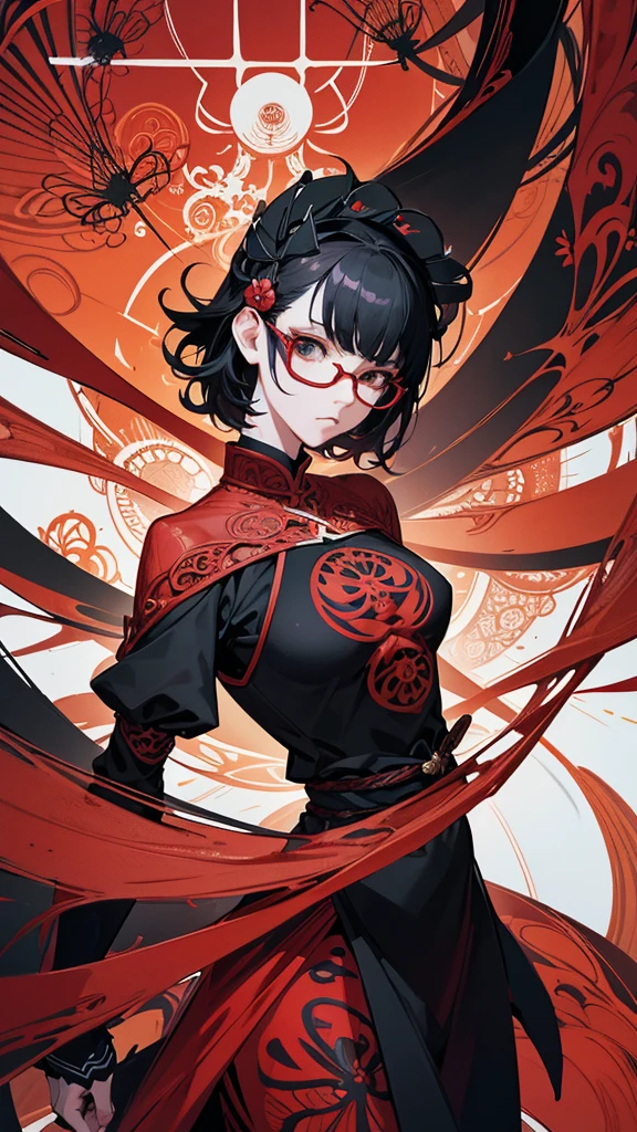 Official Art, unity 8k wallpaper, Very detailedな, Beautiful yet fleeting,Japanese style,beautiful, masterpiece,((Red glasses)) Highest quality,Red spider lily (zenTangle, Mandala, Tangle, enTangle), Flower Ecstasy, Very detailed, ((Black short hair))、Dynamic Angle, ((Short Hair)), ((Ninja))The most beautiful form of chaos, ((Red clothes)).elegant, Brutalist Design, Vibrant colors, Romanticism, James Jean, Robbie Dawi Anton, Ross Tran, Francis Bacon, It was very cold, Adrianne&#39;genius, Petra Cortright, Gerhard Richter, takato yamamoto, Ashley Wood, Atmospheric