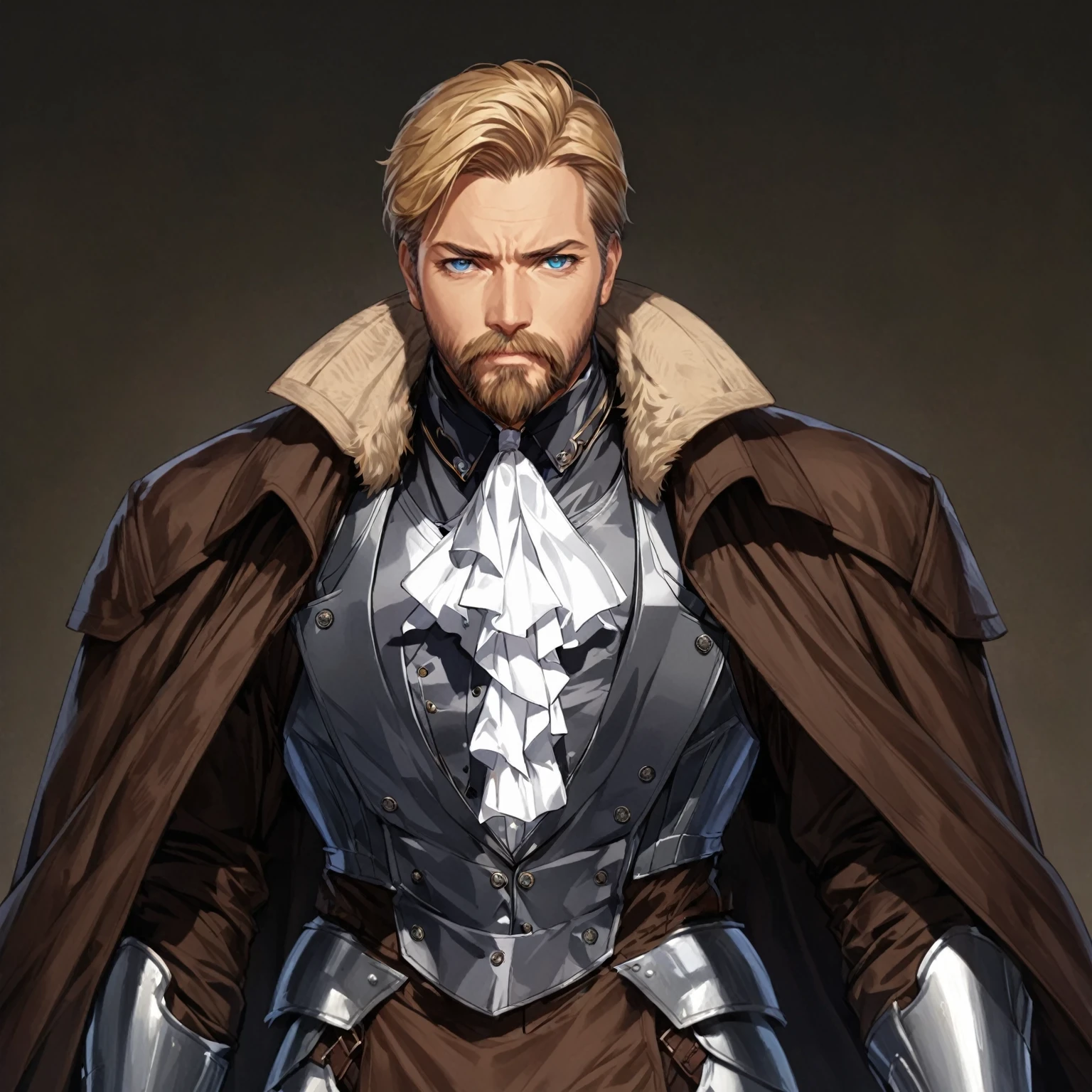 masterpiece, best quality, good quality, Highly detailed, shadowverse style, male, adult, facial hair, age 40s, blue eyes, blonde hair, short hair, modern aesthetic, overcoat, adult, bang one side hair, noble outfit, formal attire