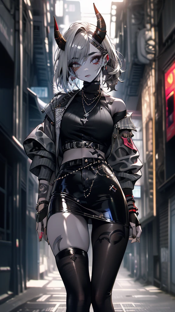(Masterpiece, Best quality, ultra high resolution),1girl,redhead,oni horns,oni girl,face tattoo,(colored skin,grey skin,gray skin tone),black jacket,rock punk fashion, beautiful and detailed face, detailed eyes,in an alleyway,(grey theme)