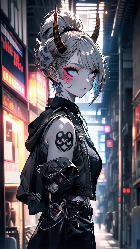 (Masterpiece, Best quality, ultra high resolution),1girl,redhead,oni horns,oni girl,face tattoo,(colored skin,grey skin,gray skin tone),black jacket,rock punk fashion, beautiful and detailed face, detailed eyes,in an alleyway,(grey theme)