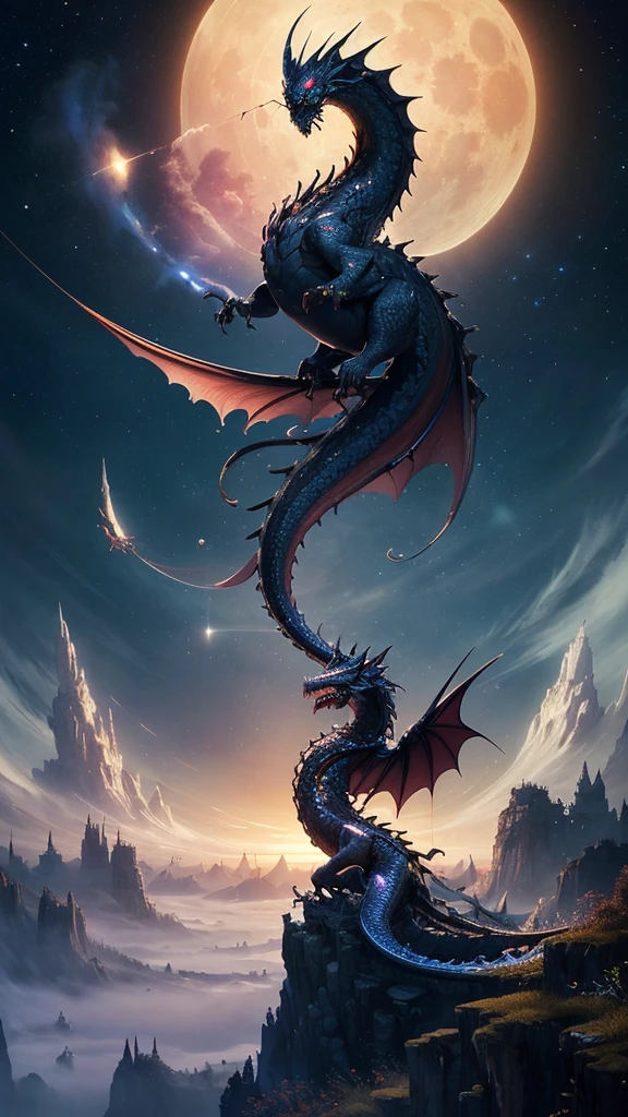 (high quality:1.4), (best quality:1.4), (masterpiece:1.4), official art, official wallpaper, surreal, (golden castle ,(black dragon),(mystical creatures:1.1), (floating islands:1.1), (detailed landscape:1.1), (magic in the air:1.1), (stardust:1.1), night sky, (whimsical atmosphere:1.1), (dreamlike world:1.1), (bubbles:1.1), flying books, (luna moths:1.1), (moonlight:1.1), enchanted forest, (wisdom:1.1), (powerful energy:1.1), (guardian angels:1.1), (peaceful:1.1), vibrant colors, (detailed:1.05), (extremely detailed:1.06), sharp focus, (intricate:1.03), cinematic lighting, (extremely intricate:1.04), (epic scenery:1.09), vibrant colors, (beautiful scenery:1.08), (detailed scenery:1.08), (intricate scenery:1.07), (wonderful scenery:1.05),